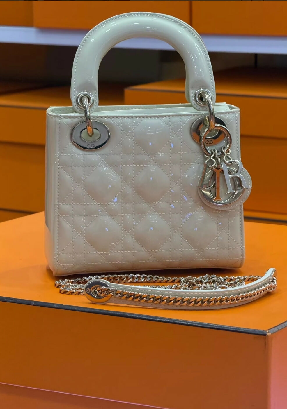 Christian Dior Beige Parent Leather small Lady Dior Bag